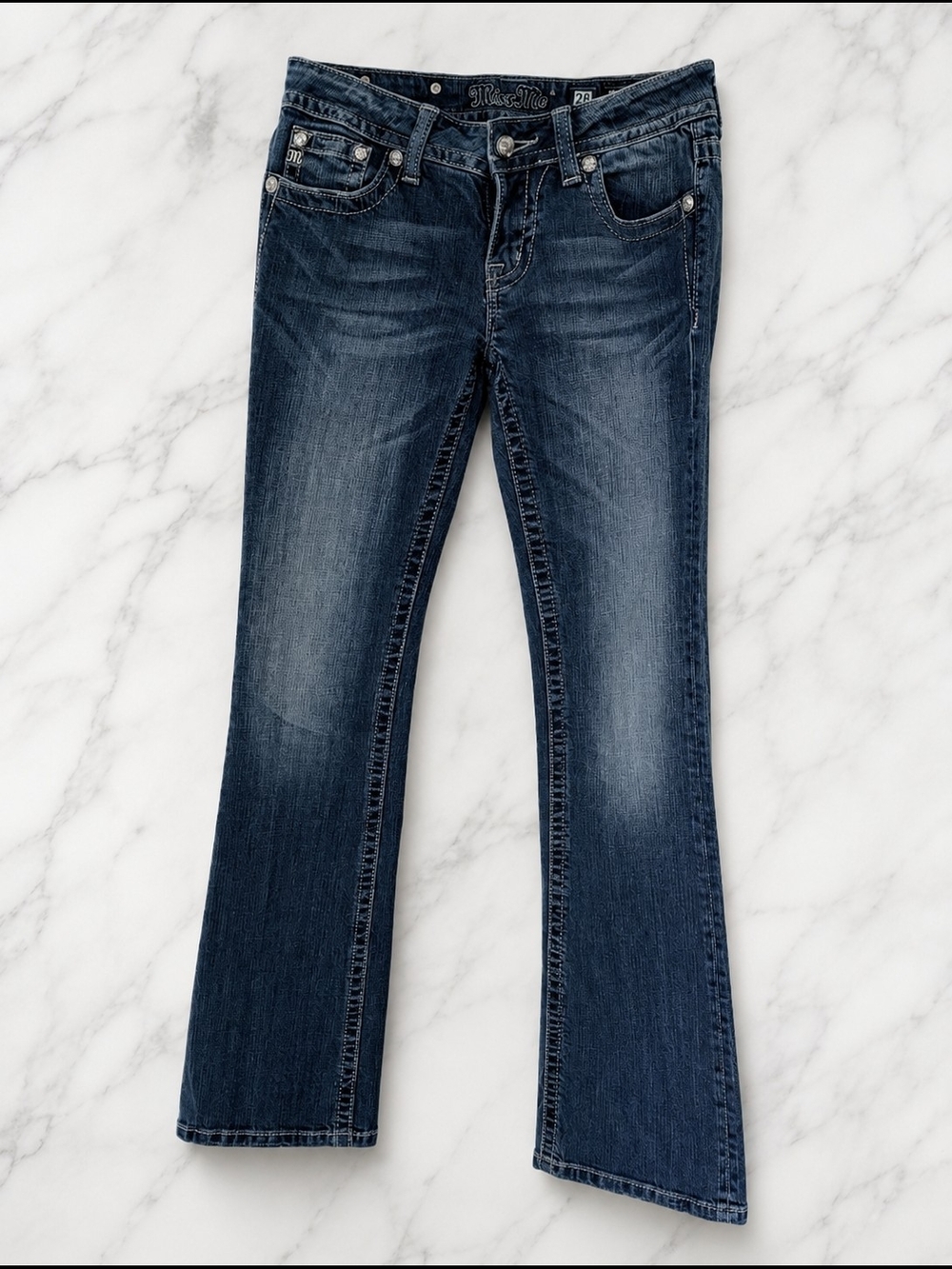 Miss Me Rhinestone Rose Pocket Bootcut Jeans Size 28 Medium Wash